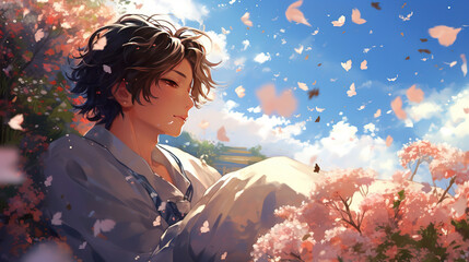 elegant attractive man wearing traditional Japanese outfit sitting on flower field hill, cartoon anime illustration, Ai Generative