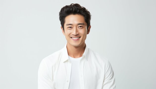 Portrait of handsome happy smiling asian man on white background