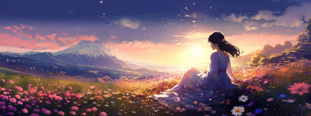 woman sitting on flower field, beautiful nature scenery with sunrise sky over mountain, Ai Generative 