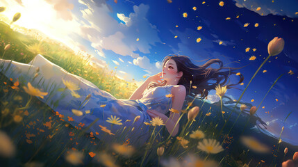 woman lay down on flower meadow field on wind blow hill, happy spring or summer refresh tranquil atmosphere, Ai Generative 