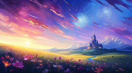 enchanted castle under gradient morning sky, flower field blossom , anime cartoon fairytale scenery wallpaper, Ai Generative 