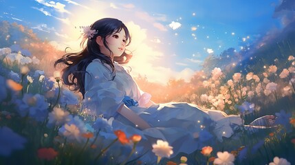 woman lay down on flower meadow field on wind blow hill, happy spring or summer refresh tranquil atmosphere, Ai Generative 