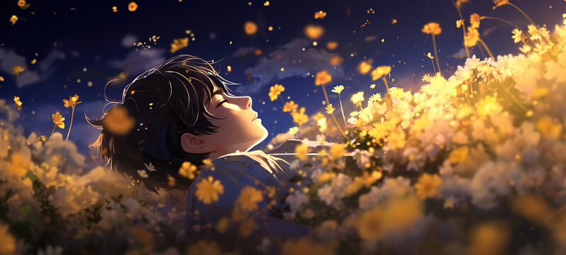 young handsome man sleep on flower field looking at sky, cartoon illustration, Ai Generative