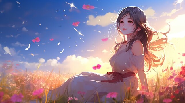woman sitting on flower meadow field on wind blow hill, happy spring or summer refresh tranquil atmosphere, Ai Generative 