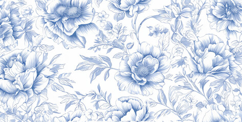 French toile floral line art pattern on a white - obrazy, fototapety, plakaty