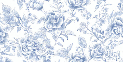 French toile floral line art pattern on a white, abstract floral background - obrazy, fototapety, plakaty