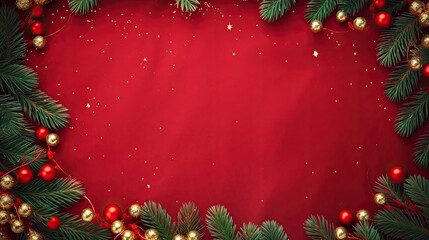 Fototapeta na wymiar Christmas background with xmas tree and sparkle bokeh lights on red canvas background. Merry christmas card. Winter holiday theme. Happy New Year. Space for text, top view 