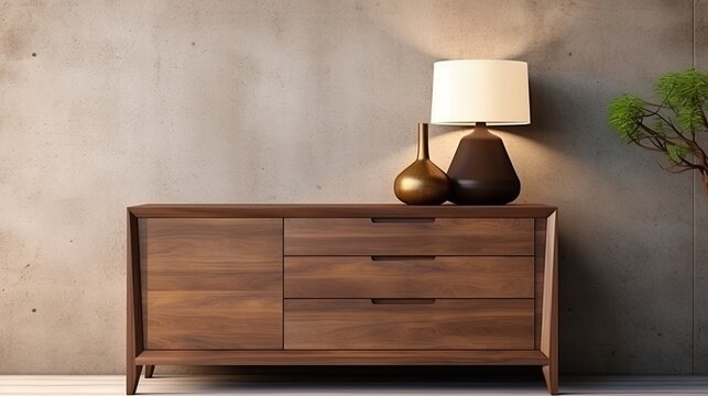 A dark gray wooden chest of drawers with a lamp standing on it against the background of a concrete wall. A modern piece of furniture in a rustic style.