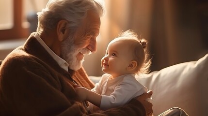Happy grandfather holding his grandchild. Happy grandfather day, grandparents day. - obrazy, fototapety, plakaty