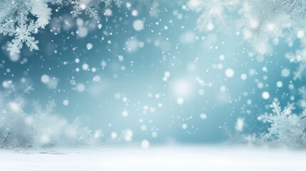 Fototapeta na wymiar Snowy background with snowflakes and snow flakes on a blue background. This asset is suitable for winter-themed designs, holiday greeting cards, seasonal promotions, and festive social media posts.