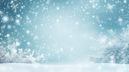 Fototapeta na wymiar Snowy background with snowflakes and snow flakes on a blue background. This asset is suitable for winter-themed designs, holiday greeting cards, seasonal promotions, and festive social media posts.