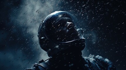 Astronaut drifts in space, cinematic shot. Blue Background. Generative AI
