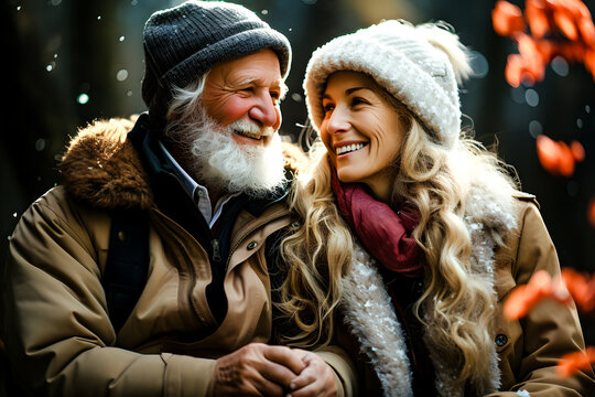 Homme et femme souriants, avec bonnet et parka en ext&eacute;rieur