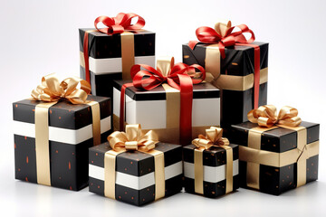 Black Presents with Red wrapper ribbons isolated on white background using generative AI