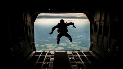 Airborne soldier with parachute on back jumps out of plane at sunrise light. Paratrooping military forces officer practices for mission. Trained man dives in open air from army airplane board - obrazy, fototapety, plakaty