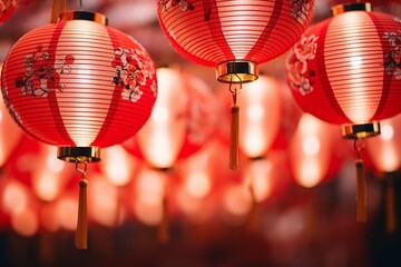 Fototapeta premium Chinese New Year background with hanging paper lanterns ,AI Generate