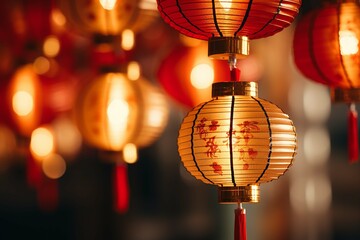 Fototapeta na wymiar Chinese New Year background with hanging paper lanterns ,AI Generate