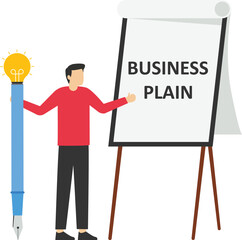 Writing business plan to list ideas, businessman holding light bulb idea pencil going to write business plan on blackboard, strategy and develop plan for success and win business competition concept.
