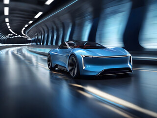 Futuristic, dynamic, illustration of electric car in motion, sleek curved lines forming an aerodynamic shape with glowing blue trim lighting along the edges speeding down a dark pulsating tunnel
