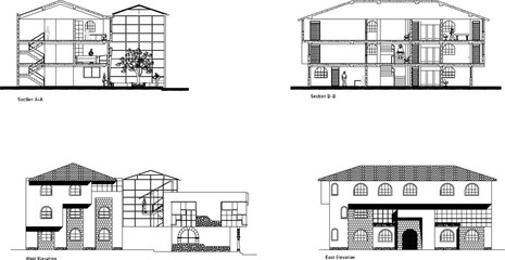 Vector sketch illustration of architectural design and appearance of a simple three-story house building