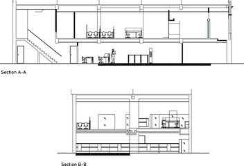 Vector sketch illustration of modern minimalist restaurant cafe section architectural design