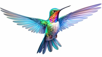 a stunning hummingbird in flight, its iridescent feathers and graceful posture depicted in vibrant colors on a clean white canvas, evoking a sense of wonder and natural beauty. - obrazy, fototapety, plakaty
