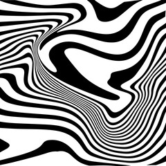 Black and White Abstract Background with Waves, Swirls, and Twirl Patterns. Retro Psychedelic Vector Design. Twisted and Distorted Texture in Y2K Aesthetic. Trendy Illustration in 60s, 70s Style.