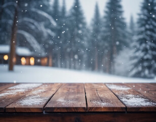 A wooden table with winter themed background