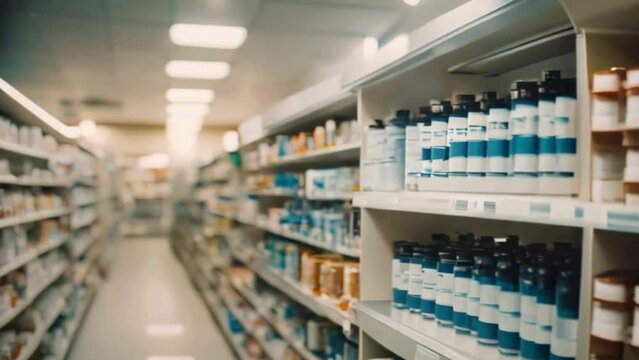 shelves in pharmacy, medicine and pills