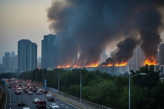 Urban inferno fire engulfs a megacity, with burning blazing cars, roads, and skyscrapers. Chaotic scene of city engulfed in flames, capturing the intensity and destruction of a large-scale urban fire.