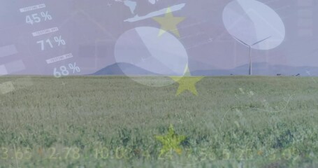 Animation of flag of eu with financial data processing over wind turbines field in countryside - Powered by Adobe