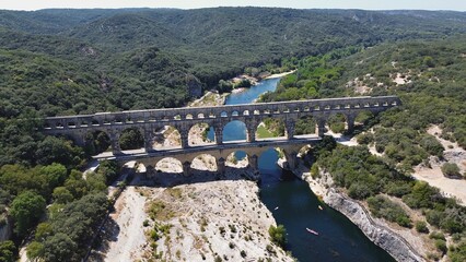 drone photo Gard bridge, pont du Gard Nimes France Europe	