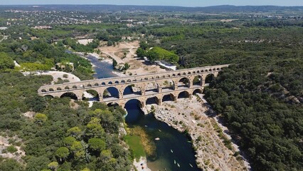 drone photo Gard bridge, pont du Gard Nimes France Europe	