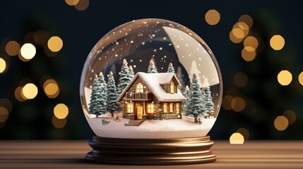 Christmas snowglobe with house on snowfall winter background. 3d illustration
