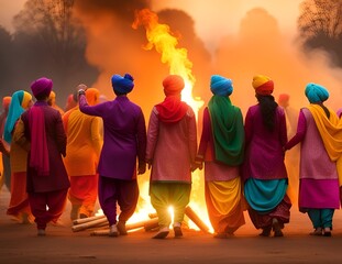 Group of people around bonfire for Lohri festival.