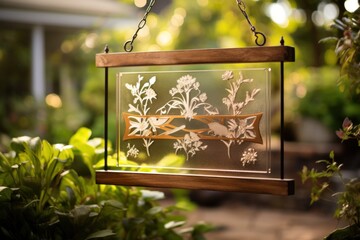a garden sign that harmoniously blends wood and glass elements