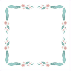 Green floral frame with leaves and pink flowers, decorative corners for greeting cards, banners, business cards, invitations, menus. Isolated vector illustration.	