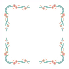 Green floral frame with leaves and pink flowers, decorative corners for greeting cards, banners, business cards, invitations, menus. Isolated vector illustration.	