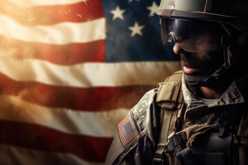 A soldier stands proudly in front of the American flag, wearing a helmet and goggles. This powerful image can be used to symbolize patriotism, military service, or national pride