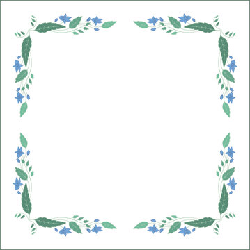 Green floral frame with leaves and blue flowers, decorative corners for greeting cards, banners, business cards, invitations, menus. Isolated vector illustration.	