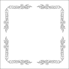 Vegetal floral frame with leaves and primrose flowers, decorative corners for greeting cards, banners, business cards, invitations, menus. Isolated vector illustration.	