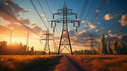 power lines at sunset - obrazy, fototapety, plakaty