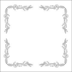 Vegetal floral frame with leaves and primrose flowers, decorative corners for greeting cards, banners, business cards, invitations, menus. Isolated vector illustration.	