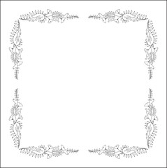 Black and white frame with tropical leaves, decorative corners for greeting cards, banners, business cards, invitations, menus. Isolated vector illustration.	