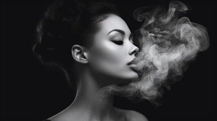 Black and white artistic portrait of a woman with closed eyes, exhaling smoke that swirls around her face. AI Generative