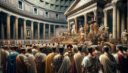 Naklejka premium Close-up view inside the Pantheon in Rome during a Roman ceremony, focusing on a group of people in historically accurate Roman attire.