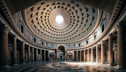 Obraz premium Interior view of the Pantheon in Rome, showcasing a detailed view of the dome and central oculus. The interior is lit to highlight architectural features like columns, niches, and the dome's construct