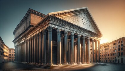 An artistic and detailed view of the Pantheon in Rome, in a photorealistic style. The image showcases the exterior of the building with an emphasis on architectural details like columns and pediment.  - obrazy, fototapety, plakaty