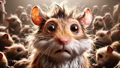 Photorealistic horizontal image of an extremely bewildered hamster. The hamster's eyes are wide and confused, with an expression of shock. Its fur is disheveled, enhancing the look of disarray. - obrazy, fototapety, plakaty