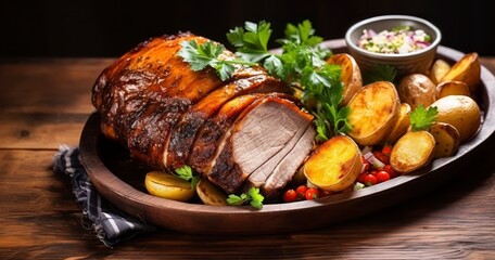 A Delectable Roast Pork Dish Complemented by Fresh Herbs and Vegetables. Generative AI